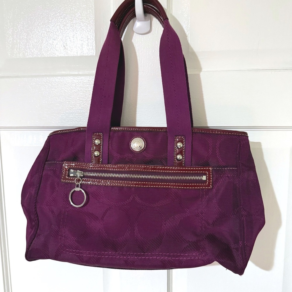 Coach Poppy Purple Signature C Jacquard Tote Bag F14876 Patent Leather Trim